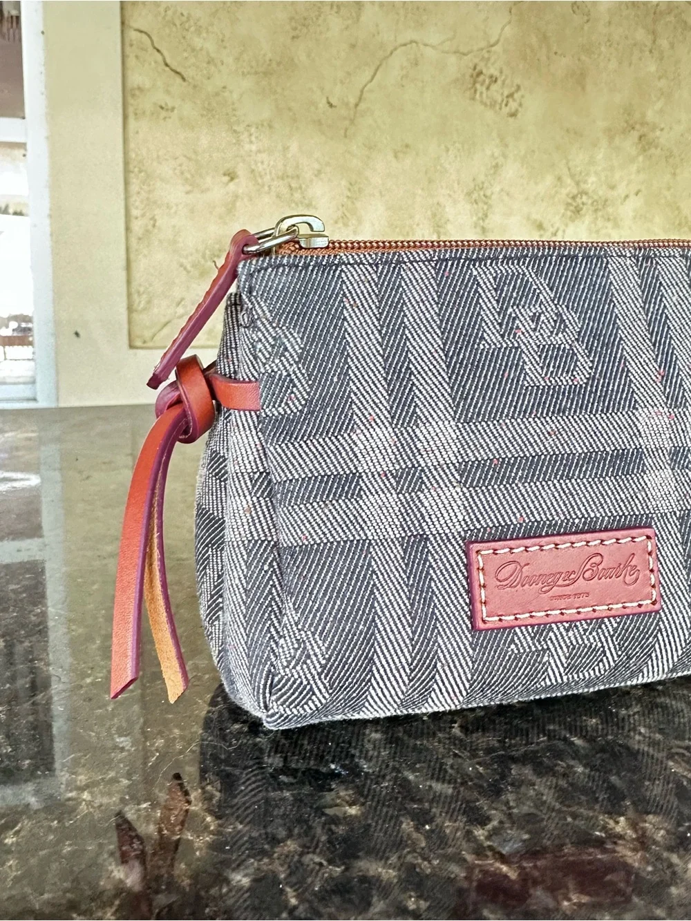 DOONEY & BOURKE ~ Gray Denim Plaid Pouch with Leather Trim and Red Interior